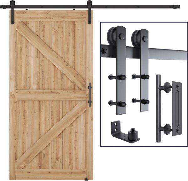 8.2 FT Heavy Duty Sturdy Sliding Barn Door Hardware Kit, Black, (Whole Set Includes 1x Pull Handle Set & 1x Floor Guide) Fit 42"-48" Wide Door Panel (I Shape Hanger) 1 Hardware