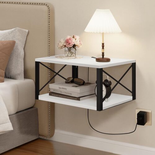 Floating Night Stand, Modern Bedside Shelf Wall Mount, Wood Hanging Nightstand with Wire Hole, Floating Side Table for Bedroom Bathroom Living Room Small Places, White
