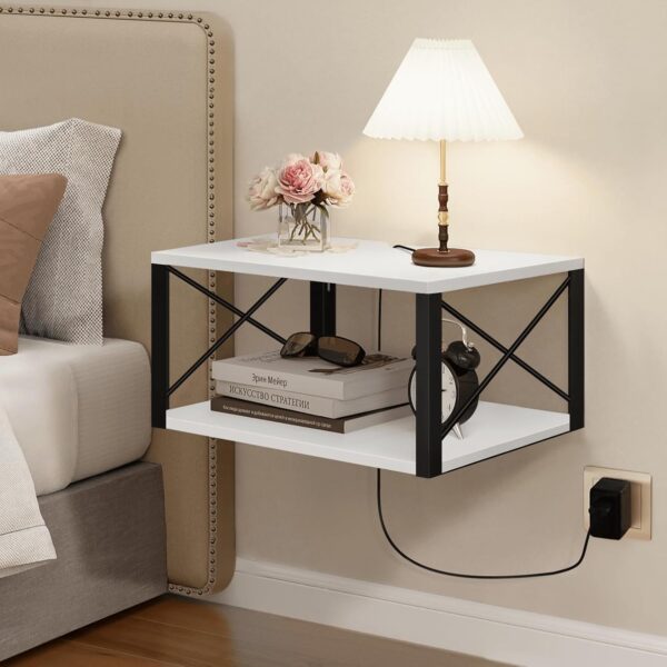 Floating Night Stand, Modern Bedside Shelf Wall Mount, Wood Hanging Nightstand with Wire Hole, Floating Side Table for Bedroom Bathroom Living Room Small Places, White 1 Floating