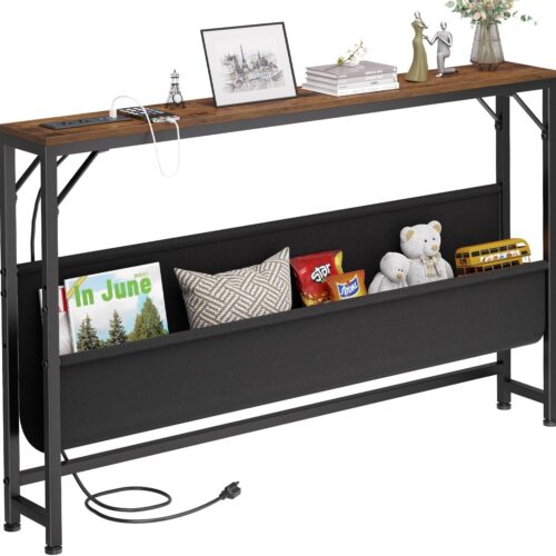 1 47.2'' Skinny Console Table with Charging Station and Storage, Narrow Sofa Table with Power Outlets and USB Ports, Behind Couch Table, for Living Room, Foyer, Entryway, Hallway, Rustic Brown