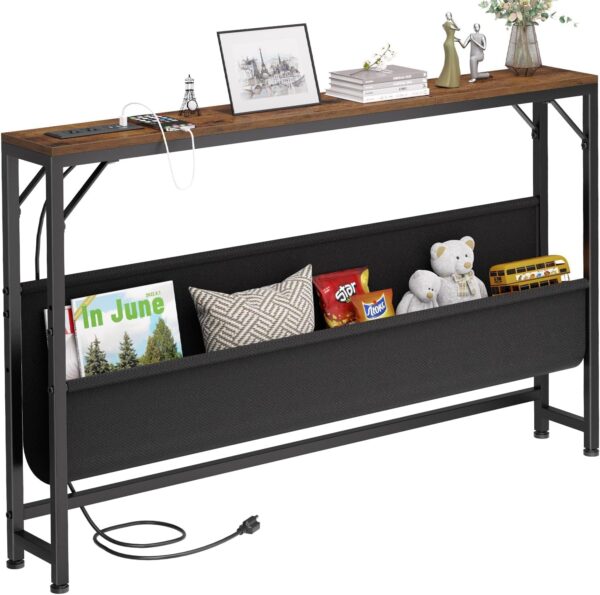 47.2'' Skinny Console Table with Charging Station and Storage, Narrow Sofa Table with Power Outlets and USB Ports, Behind Couch Table, for Living Room, Foyer, Entryway, Hallway, Rustic Brown 1 Console Table