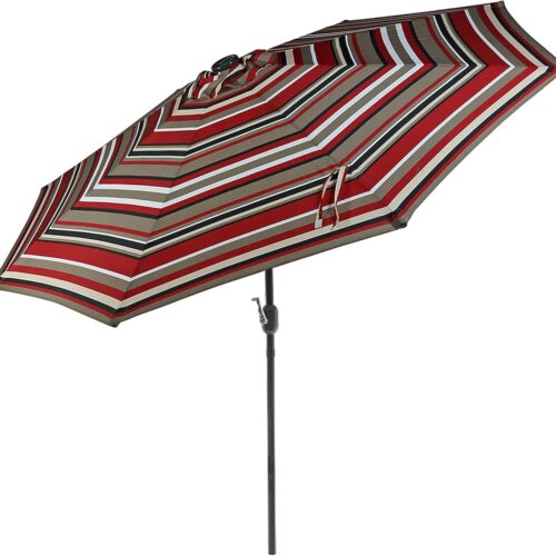 9 ft Striped Patio Umbrella with Solar Lights - Polyester LED Table Market Umbrella with Tilt and Crank - Awning Stripe
