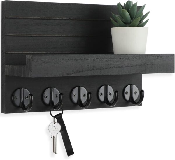 Key Holder for Wall, Decorative Key and Mail Holder with Shelf Has Large Hooks for Bags, Coats, Umbrella – Paulownia Wood Key Hanger with Mounting Hardware (9.8”W x 6.7”H x 4.2”D) 1 Shelf