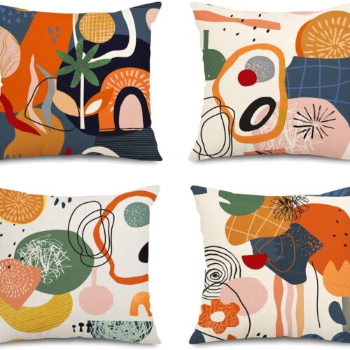 Abstract Mid Century Modern Throw Pillow Covers 18x18 Colorful Boho Orange Aesthetic Floral Geometric Pillow Covers for Couch Outdoor Decor Set of 4