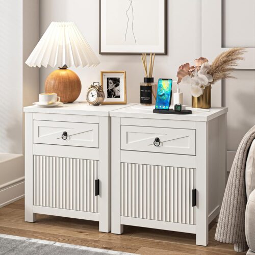 Nightstands Set of 2, White Fluted Nightstand with Charging Station, a Drawer, Bed Side Table End Table with Storage, Small Modern Wood Bedside Night Stand for Bedroom Living Room Sofa Couch