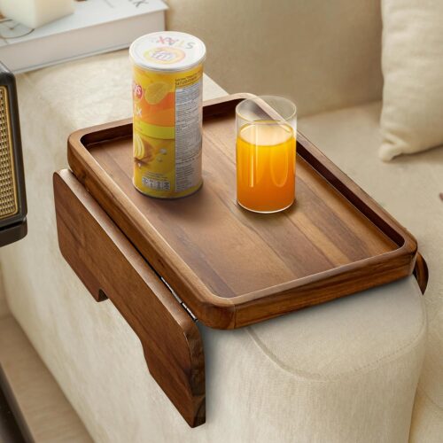 Acacia Wood Sofa Armrest Tray - 13.75 x 9.5in Double Hinge Sofa Arm Tray Table Clip - Couch Arm Table - Wooden Side Tables for Eating and Drink (Acacia, 13.75" D x 9.5" W x 2" H)