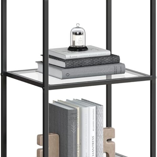 Bookcase, 5-Tier Bookshelf, Slim Shelving Unit for Bedroom, Bathroom, Home Office, Tempered Glass, Steel Frame, Ink Black