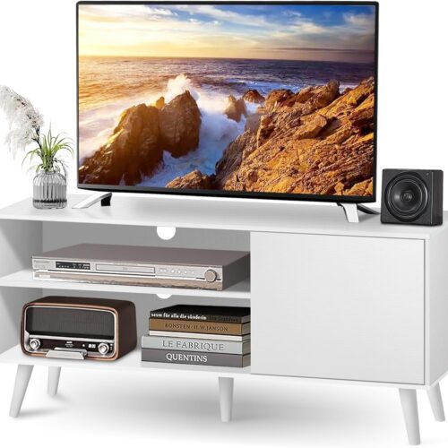 TV Stand for 55 Inch TV, White Wood Television Stand 1 Cabinet Modern Entertainment Center with Storage Cabinet for Bedroom, Living Room, Office Furniture