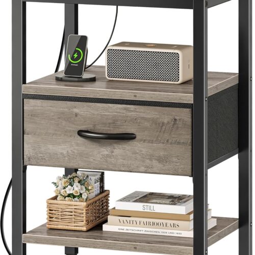 Nightstand with Charging Station, Bed Side Table with Adjustable Fabric Drawer, Night Stand for Bedroom, 3-Tier Storage End Table, for Living Room, Oak