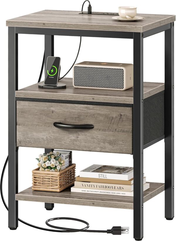 Nightstand with Charging Station, Bed Side Table with Adjustable Fabric Drawer, Night Stand for Bedroom, 3-Tier Storage End Table, for Living Room, Oak 1 Nightstand