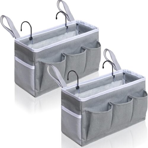 Bedside Caddy Storage Organizer - 2pcs Hanging Bag Holder with Pockets for Bedroom, Loft, Tent, Curtain, Bunk bed Shelf Accessories (Gray)