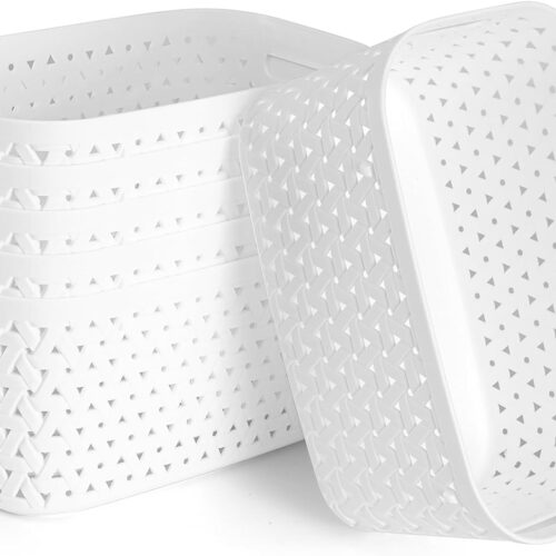 Plastic Storage Bins 6 Packs Woven Baskets For Organizing, Woven Design Storage Organizer Bins and Basket For Pantry Shelves Drawers Desktop Closet Playroom Classroom Office, White
