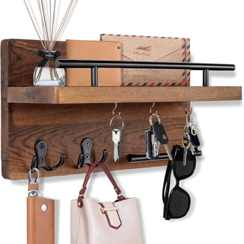 Mail Key Holder for Wall Decorative, Wooden Mail Organizer Wall Mount with 5 Key Hooks, Wood Key Hangers for Wall with Mail Key Rack, Rustic Mail Sorter for Entryway Office Hallway Home Decor