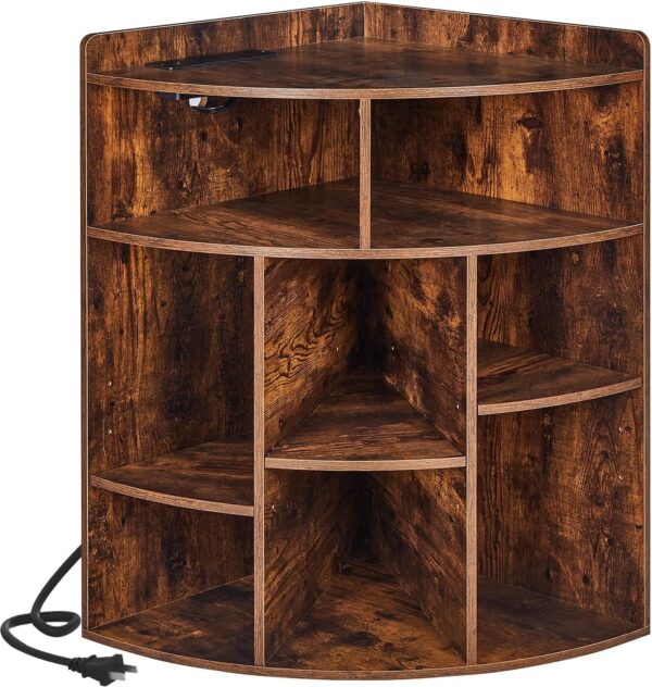 Corner Cube Shelf with USB Ports & Outlets, Modern Corner Toy Storage Rack with Charging Station, Wooden Display Bookshelf Bookcase for Living Room, Bedroom, Dining Room, Kitchen, Brown 1 Corner Cube Shelf