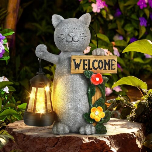 Garden Statue Solar Cat Figurine with Lantern, Solar Garden Decorations Statues for Patio, Balcony, Yard Ornament, Unique House Warming Gifts Figurine Lights, Gifts for Women, Mom