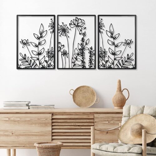 3 Pcs Black Metal Wall Art Minimalist Wall Decor for Bedroom Flowers Decor Hanging Flower Bathroom Art Flower Line Sculpture Kitchen Decoration 16.5 x 9.8 Inch(Cute Style)