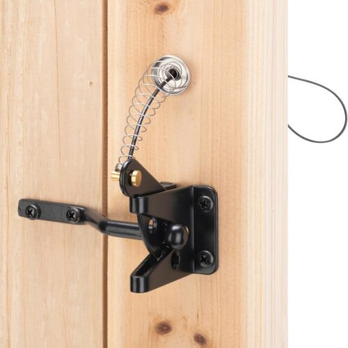 Self Locking Gate Latch for Wooden Fence Heavy Duty,Gravity Lever Fence Door Latches with Steel Spring Cable Pull String Gate Hardware Gate Lock for Outdoor Secure Pool,Garden,Black Finish