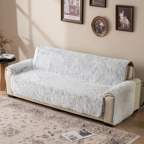 Plush and Fuzzy Shaggy Couch Cover, Faux Fur Sofa Cover, Water Resistant Slipcover, Non-Slip Furniture Protector for Kids,Dogs,Cats.(Magic Gray, X-Large Sofa)