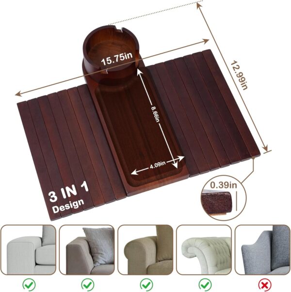 Couch Cup Holder Tray, 3 in 1 Bamboo Couch Arm Tray with 360° Rotating Cup Holder & Phone Stand, Foldable Sofa Arm Rest Tray Table for Remote/Snacks/Phone/Drinks Walnut 2 Cup