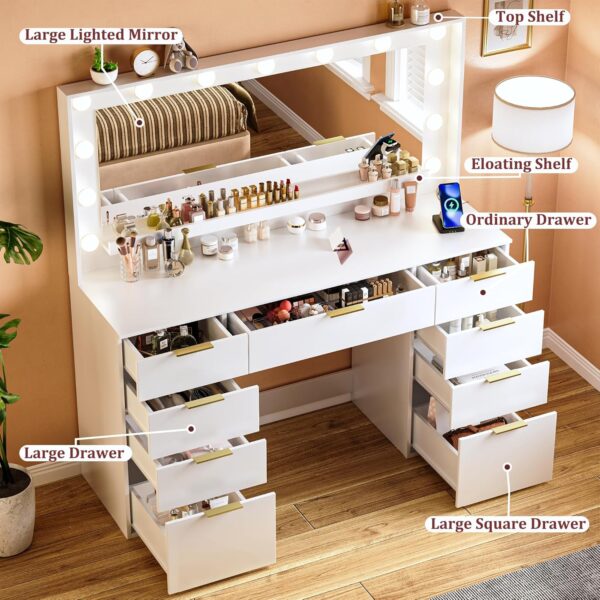 Vanity Desk with Large Mirror and Lights, 45.3in Makeup Vanity with Power Outlet 9 Drawers & Storage, 3 Lighting Color Adjustable, White Vanity Desk for Bedroom 2 Desk
