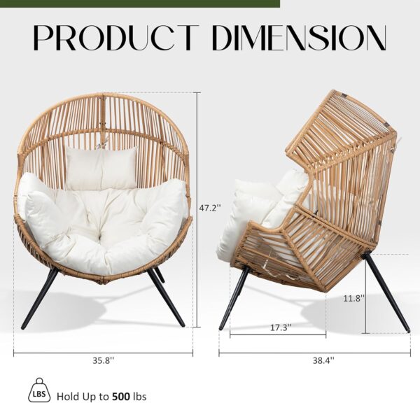 Egg Chair Wicker Outdoor Chairs, Oversized Patio Chair Oversized Lounger Chair with Cushion for Indoor Living Room, Bedroom, Outside Patio Backyard Balcony, Beige 2 Egg