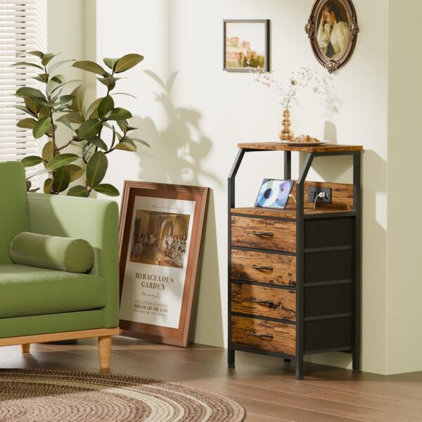 Night Stand with Charging Station, Small Dresser with 4 Fabric Drawers, 33.3 Inch Tall Bedside Table, Storage Tower for Closet, Entryway, Bedroom Furniture, 3 Ways to Use, Rustic Brown 2 Nightstand