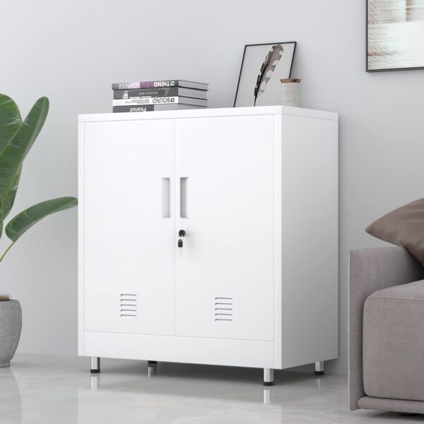 Metal Storage Cabinet with Locking Doors and Adjustable Shelf, Small Lockable Sideboard Buffet Cabinet for Home Office Hallway Entryway Living Dining Room (White) 2 Cabinet