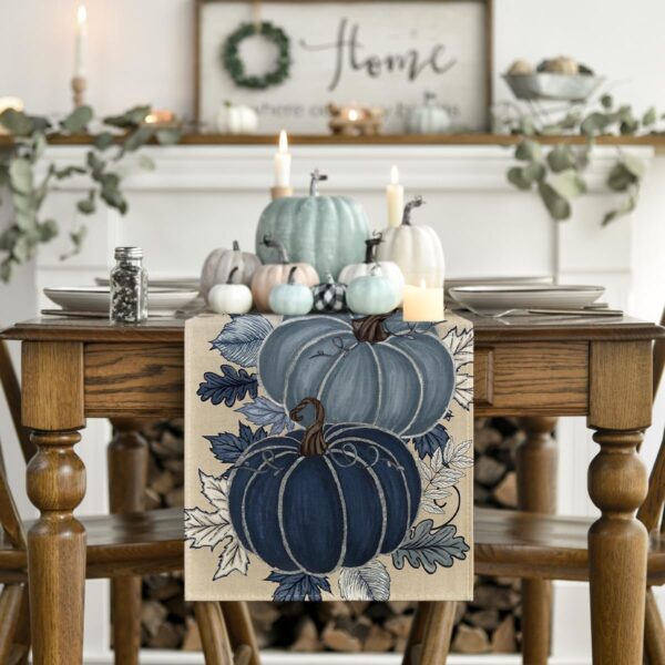 Blue and White Porcelain Pumpkin Ink 210 GSM Fall Table Runner, Seasonal Autumn Kitchen Dining Table Decoration for Home Party Decor 13x108 Inch 2 Table Runner