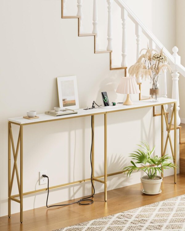 70.9" Console Table with Power Outlet, Modern Narrow Long Sofa Table Behind Couch, Skinny Entry Table, Industrial Sofa Table with Metal Frame for Hallway, Living Room, Marble White 2 Console Table