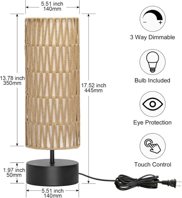 Rattan Table Lamp, Touch Control Bedside Table Lamp with Black Base, 3 Way Dimmable Nightstand Lamp with Dual-Layer Shade, Boho Night Light for Bedroom Living Room Home Office, 9W LED Bulb Included 2 Table Lamp