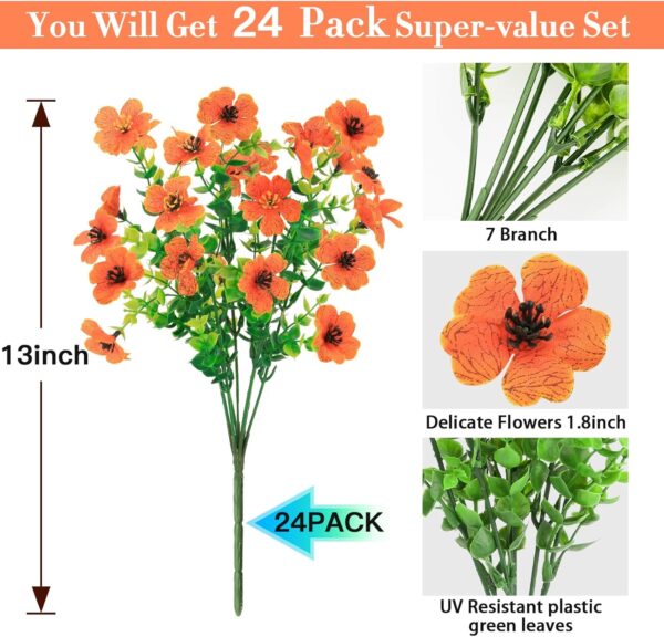 4 Bundles Fall Flowers Artificial for Decoration Outdoors, Fake Plants Autumn, Mums Daisy Eucalyptus Realistic UV Resistant for Garden Patio Porch Home Decor, Orange 2 Flowers