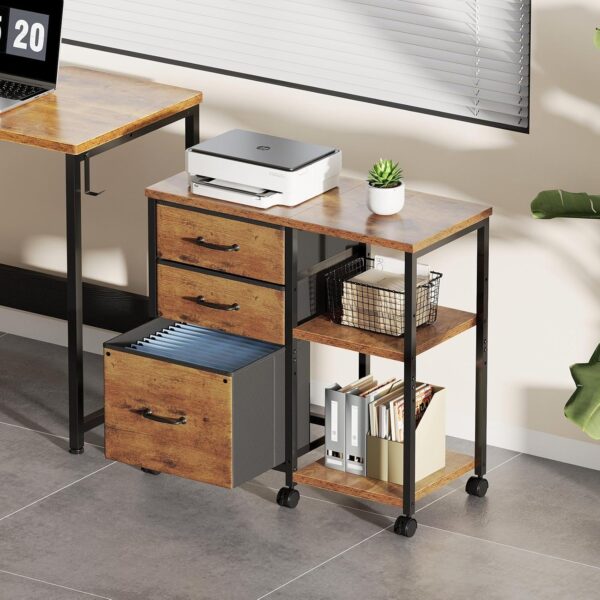 3 Drawer File Cabinet with Wheels Rolling Printer Stand with Open Storage Shelf Fabric Lateral Filing Cabinet for Home Office,Rustic Brown2 2 Cabinet