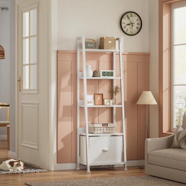 5-Tier White Ladder Shelf, Ladder Bookshelf with Removable Drawer, Mordern Bookcase Storage Rack Organizer, Wood Metal Freestanding Storage Shelves for Living Room, Home Office, Bedroom 2 Shelf