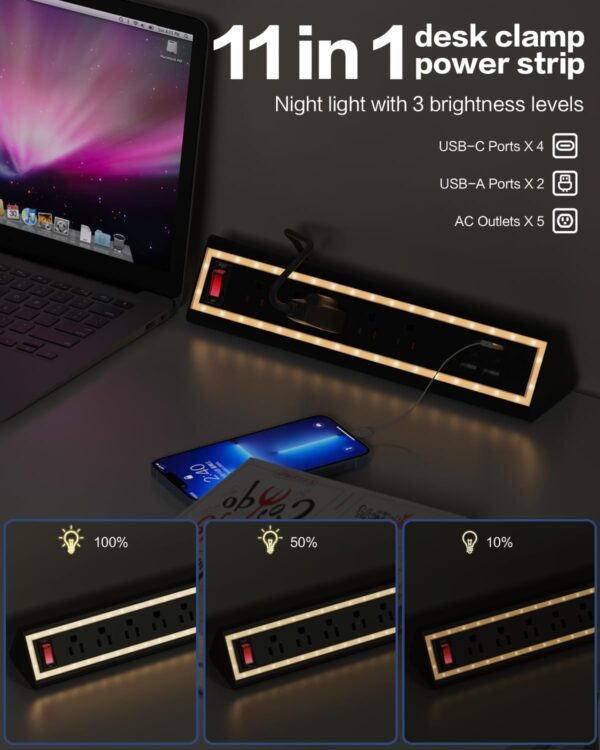 Desk Clamp Power Strip with Nightlight, 40W Fast Charging, 6FT Extension Cord, 4x20W USB-C & 2 USB Ports, 5 AC Outlets, Fits 1.69-Inch Table Edges 3 Clamp