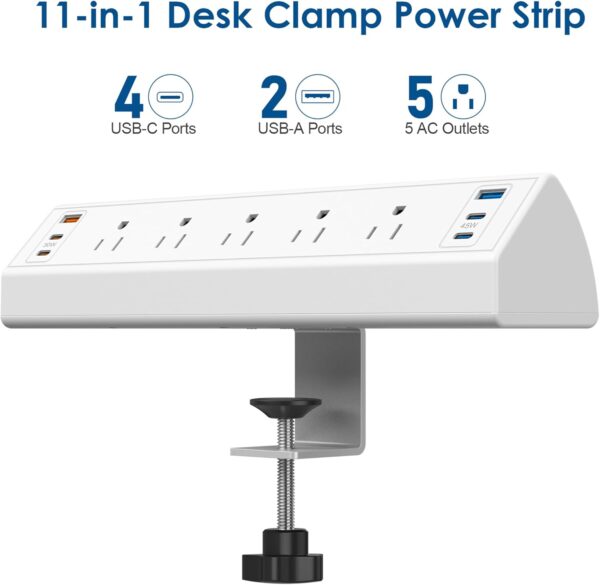 Desk Clamp Power Strip USB C,75W Total Fast Charging Station,45W and 30W USB-C Ports,Desk Edge Mount Power Strip 6-USB Ports,5 AC Outlets Tabletop Surge Protector,Fit 1.6" Tabletop Edge,White 2 Clamp