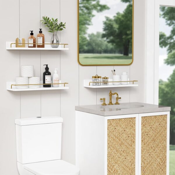 Gold Floating Shelves for Wall Decor Set of 3, Bathroom Shelves Over Toilet, Modern Display Wall Shelf with Guard Rail for Living Room Bedroom Organizers and Storage - White and Gold 2 Floating