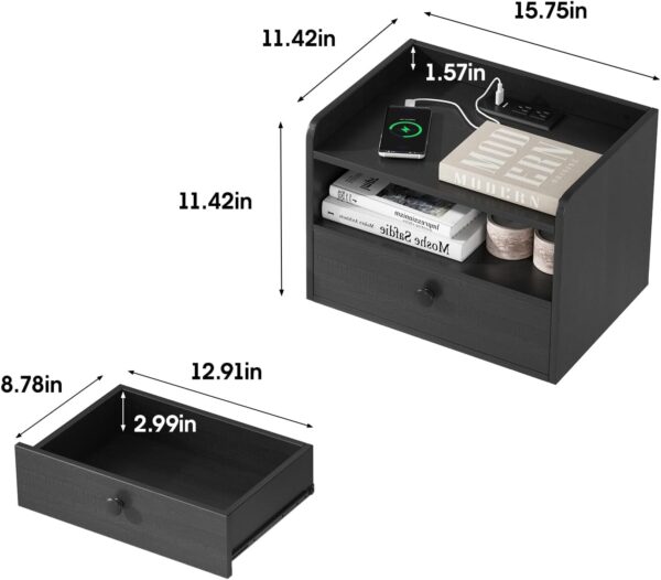 Floating Nightstand Set of 2 Modern Night Stands with Drawer and Open Shelf Cubby Small Bedside End Table with Charging Station Wall Mounted Nightstands Set 2 for Bedroom Black 2 Nightstand
