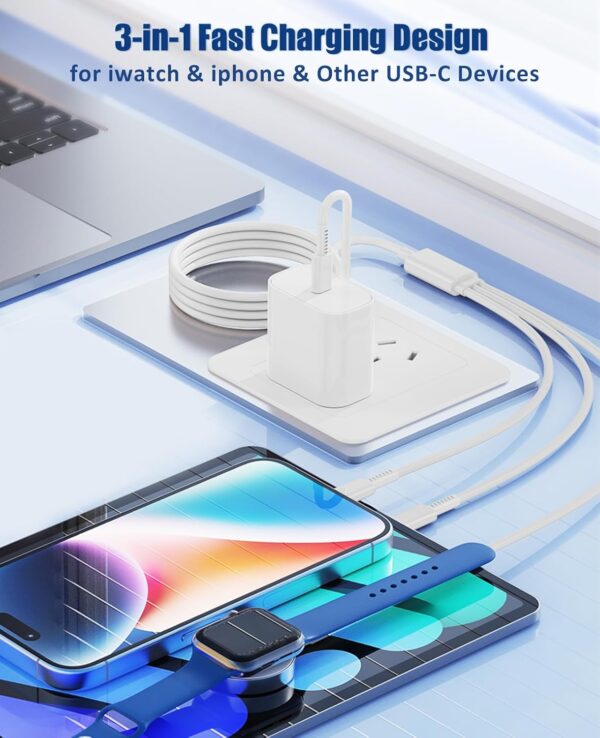 for Apple Watch Charger Fast Charging,3 in 1 Multi Chargers Cable with 20W USB C Charger, iWatch Charger Cord 6FT for iWatch Series Ultra2/SE/10/9/8/7/6/5/4/3/iPhone 15 16 Pro Max/14/13/12/11 (White) 3 Charger