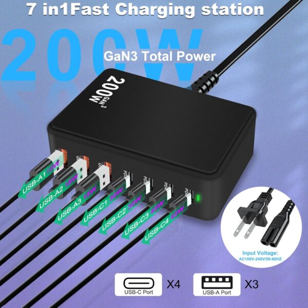 USB C Charger Block 200W 7 Port Fast Charging Station, PD 45W Laptop Charger Brick Adapter Compatible with MacBook Pro/Air,DELL,Steam Deck,iPhone 16/15/14,Galaxy S23/22 (Black) 2 Charger