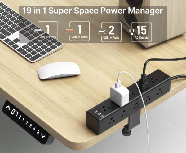 Standing Desk Clamp Power Strip with 15 Outlets, Widely Spaced Desktop Edge Mount Surge Protector Outlet, Fast Charging USB-A and USB-C Ports, 6 FT Flat Plug, Black Fit 1.6 inch Table top. 2 Power
