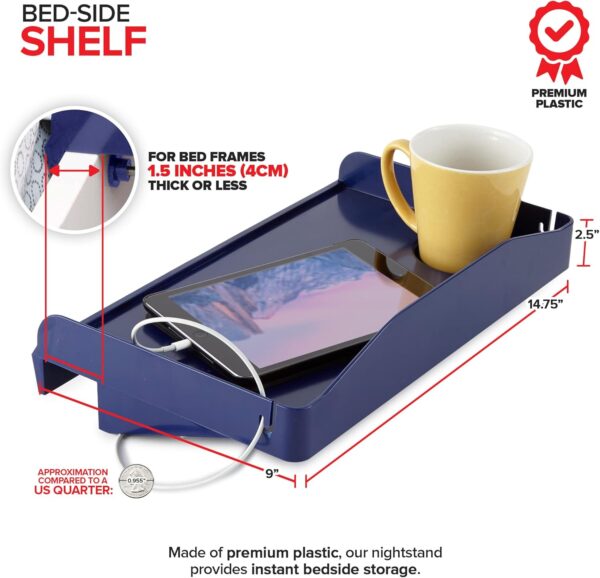 Bedside Shelf for Bed, College Dorm Room, Bunk Bed Shelf for Top Bunk, Clip On Nightstand Tray with Cord and Cup Holder, Bunkbed Caddy for Table Storage (Navy) 2 Bedside Shelf