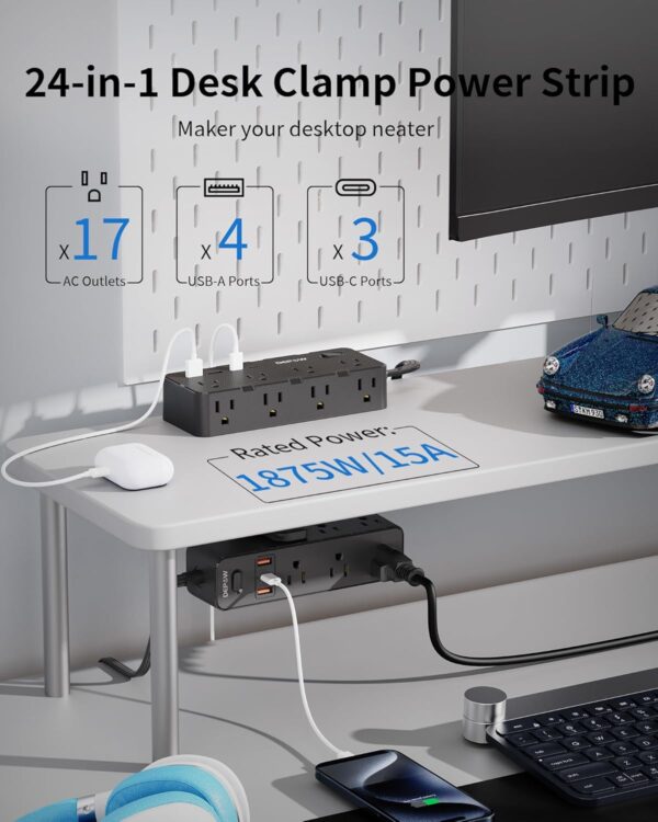 Dual Layer Desk Clamp Power Strip & Surge Protector: 17 Outlets + 7 USB (3 USB-C) Charging Station, Space-Saving Under Desk Organizer with 10ft Extension Cord, 1700J Protection (Black) 2 Clamp