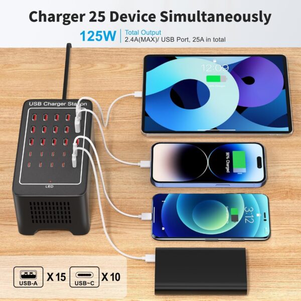 USB~C Charger Block, 125W(25A) 25 Port (15 USB A & 10 USB~C Port) Multiple Charging Station, Desktop Wall Charger Compatible with iPhone, iPad, Tablets, Smartphones 2 USB~C Charger