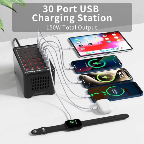 150W(30A) USB Charging Station, 30-Port USB C Charger Block, Multiple Desktop/Wall Fast Charger with Intelligent Protection Compatible with iPhone, iPad, Tablets, Smartphones 2 USB