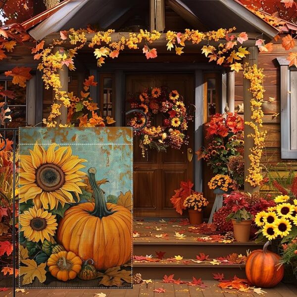 Fall Pumpkin Sunflower Garden Flag for Outside 12x18 Inch Double Sided 4