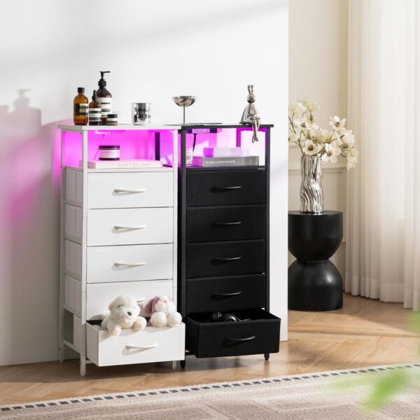 5 Drawers Dresser for Bedroom, Tall Nightstand with Charging Station, Fabric Dresser for Closet with Storage Shelf, Vertical Dressers Chest LED Night Stand, Bedside Table for Dorm Living Room 2 Nightstand