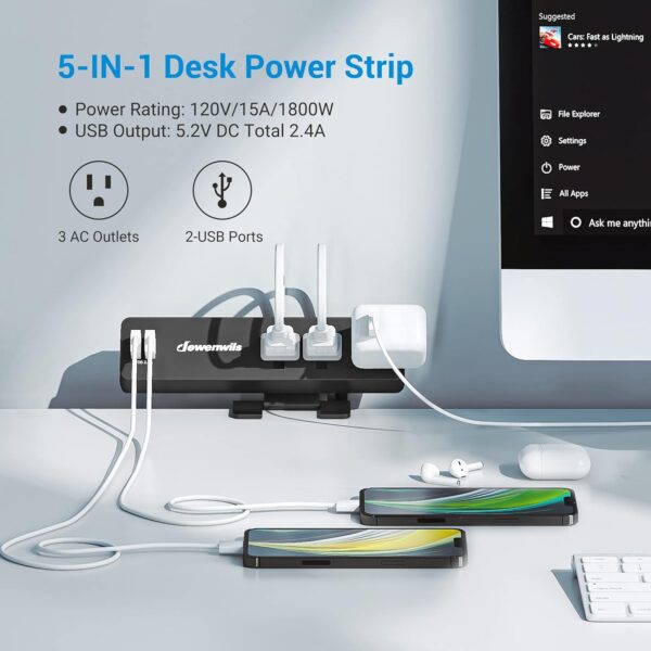 Desk Clamp Power Strip, Desktop Power Station with 3 AC Outlets(15A/1800W), 2 USB Ports, Desk Mount Power Outlet for Home, Office, 6Ft 14/3C SJT Extension Cord 2 Clamp