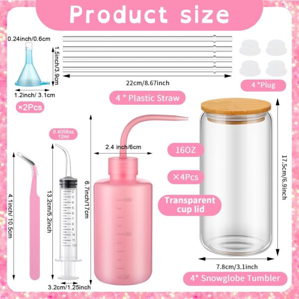 4 Pack Snow Globe Tumbler Supplies Kit 16oz DIY Pre Drilled Double Wall Glass Cup 12 Colors Glitter Squeeze Bottle Funnel Tweezer Bent Syringe UV Resin Flashlight Cup Holder Scraper(Log Color) 2 Tumbler