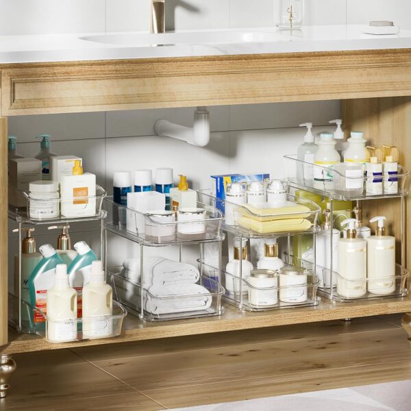 4 Pack Bathroom Organizers and Storage, 2 Tier Clear Under Sink Organizer, Pull Out Medicine Cabinet Organizer 2 Organizers
