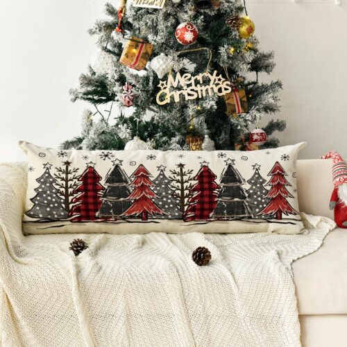 Watercolor Red and Black Buffalo Plaid Christmas Trees Long Lumbar Pillow Cover 14 x 36 Inch, Winter Holiday Long Body Pillow Case for Bed Sofa Bench